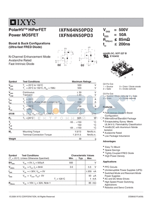 IXFN64N50PD2 datasheet - PolarHV HiPerFET Power MOSFET
