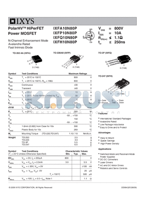 IXFP10N80P datasheet - PolarHV HiPerFET Power MOSFET