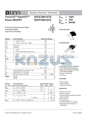 IXFP76N15T2 datasheet - TrenchT2 HiperFET Power MOSFET
