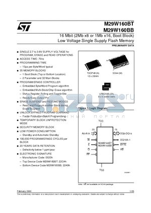 M29W160BB70N6T datasheet - 16 Mbit 2Mb x8 or 1Mb x16, Boot Block Low Voltage Single Supply Flash Memory