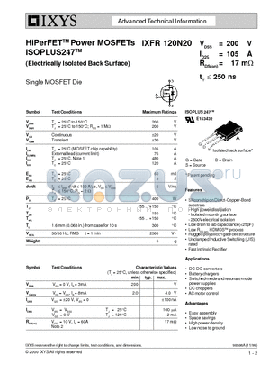 IXFR120N20 datasheet - HiPerFETTM Power MOSFETs ISOPLUS247