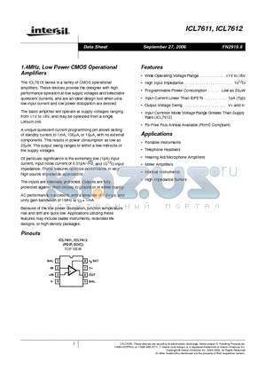 ICL7611DCBA-T datasheet - 1.4MHz, Low Power CMOS Operational Amplifiers