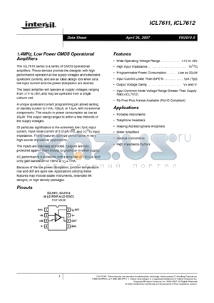 ICL7611DCBA-T datasheet - 1.4MHz, Low Power CMOS Operational Amplifiers
