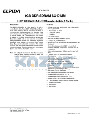 EBD11UD8ADDA-7A-E datasheet - 1GB DDR SDRAM SO-DIMM (128M words x64 bits, 2 Ranks)