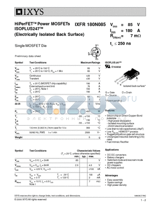 IXFR180N085 datasheet - HiPerFET-TM Power MOSFETs ISOPLUS247-TM (Electrically Isolated Back Surface)