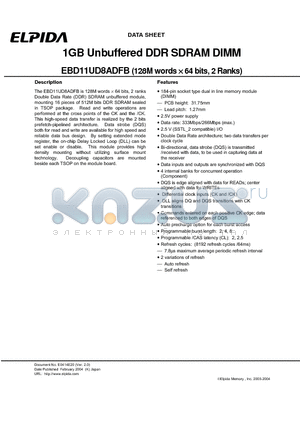 EBD11UD8ADFB-6B datasheet - 1GB Unbuffered DDR SDRAM DIMM (128M words x64 bits, 2 Ranks)