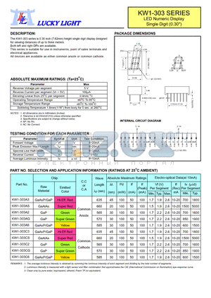 KW1-303A6 datasheet - LED Numeric Display Single Digit (0.30