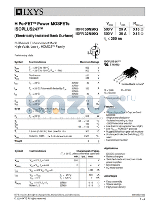 IXFR32N50Q datasheet - HiPerFET Power MOSFETs ISOPLUS247