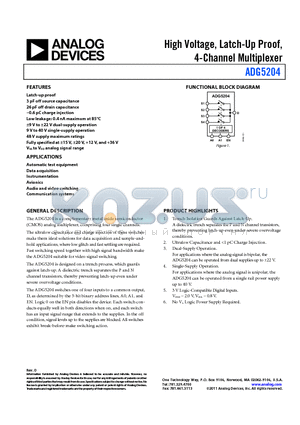 ADG5204BCPZ-RL7 datasheet - High Voltage, Latch-Up Proof, 4-Channel Multiplexer Automatic test equipment