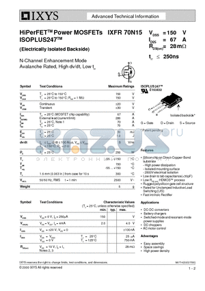 IXFR70N15 datasheet - HiPerFET Power MOSFETs