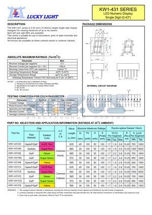 KW1-431 datasheet - LED Numeric Display Single Digit (0.43