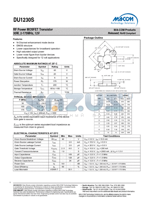 DU1230S datasheet - RF Power MOSFET Transistor 30W, 2-175MHz, 12V