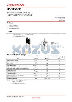 H5N1506P-E datasheet - Silicon N Channel MOS FET High Speed Power Switching