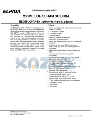 EBD26UC6AKSA datasheet - 256MB DDR SDRAM SO DIMM (32M words x 64 bits, 2 Banks)