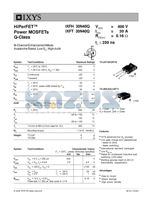 IXFT30N40Q datasheet - HiPerFET Power MOSFETs Q-Class