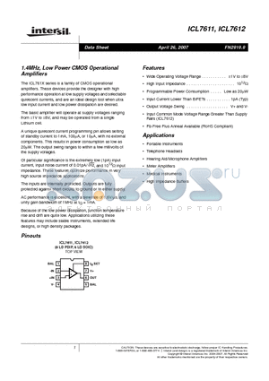 ICL7612DCBAZ datasheet - 1.4MHz, Low Power CMOS Operational Amplifiers