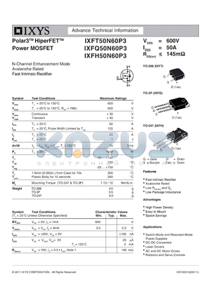 IXFT50N60P3 datasheet - Polar3 HiperFET Power MOSFET
