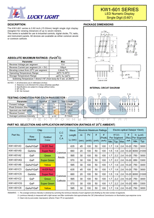KW1-601C3 datasheet - LED Numeric Display Single Digit (0.60)