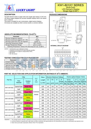 KW1-801C26 datasheet - Multi-Color LED Numeric Display Single Digit (0.80)