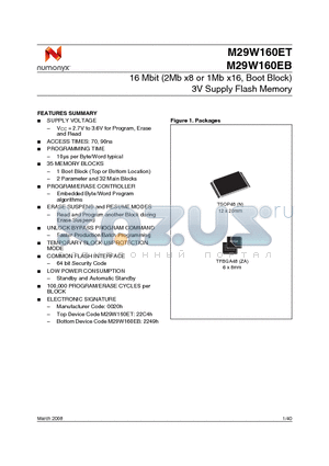 M29W160ET70N6T datasheet - 16 Mbit (2Mb x8 or 1Mb x16, Boot Block) 3V Supply Flash Memory