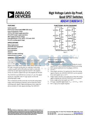 ADG5412BRUZ datasheet - High Voltage Latch-Up Proof, Quad SPST Switches