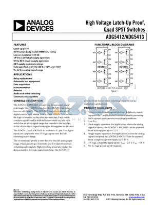 ADG5412BRUZ-REEL7 datasheet - High Voltage Latch-Up Proof, Quad SPST Switches
