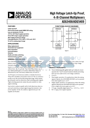 ADG5408BRUZ datasheet - High Voltage Latch-Up Proof, 4-/8-Channel Multiplexers