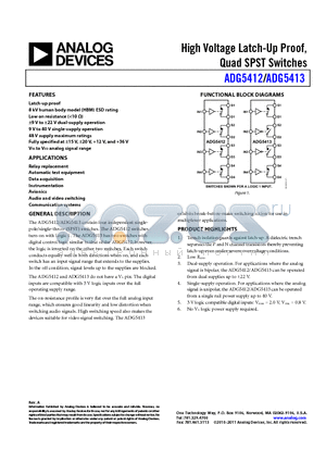 ADG5413BCPZ-REEL7 datasheet - High Voltage Latch-Up Proof, Quad SPST Switches