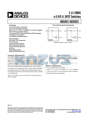 ADG602BRT datasheet - 2 ohm CMOS -5 V/5 V, SPST SWITCHES