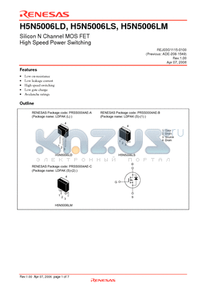 H5N5006LMTL-E datasheet - Silicon N Channel MOS FET High Speed Power Switching