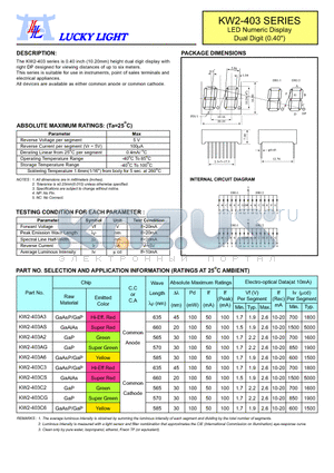 KW2-403A6 datasheet - LED Numeric Display Dual Digit (0.40)