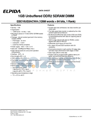 EBE10UE8ACWA datasheet - 1GB Unbuffered DDR2 SDRAM DIMM