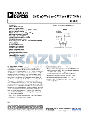 ADG633YCP datasheet - CMOS V/5 V/3 V Triple SPDT Switch