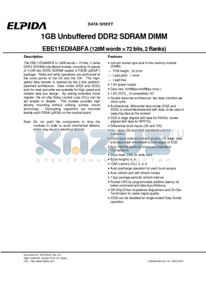 EBE11ED8ABFA-5C-E datasheet - 1GB Unbuffered DDR2 SDRAM DIMM (128M words x 72 bits, 2 Ranks)