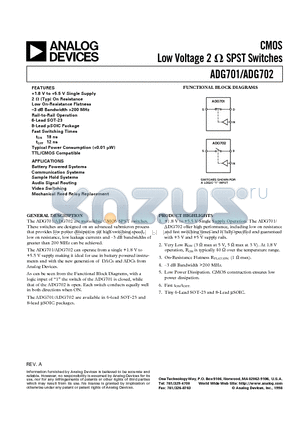 ADG701BRT datasheet - CMOS Low Voltage 2ohm SPST Switches