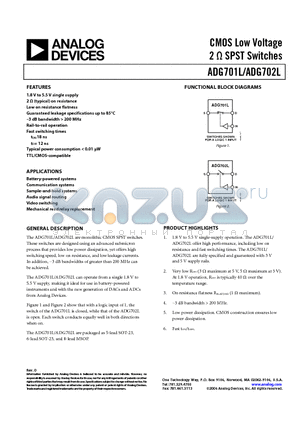 ADG701LBRJ-REEL datasheet - CMOS Low Voltage 2 OHM SPST Switches