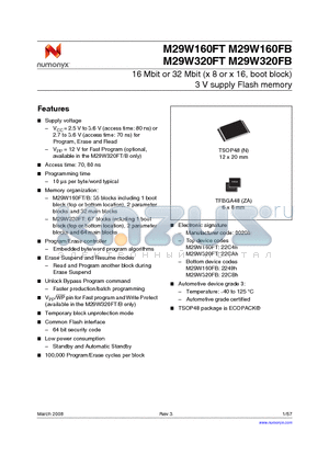 M29W160FBT70N3F datasheet - 16 Mbit or 32 Mbit (x 8 or x 16, boot block) 3 V supply Flash memory