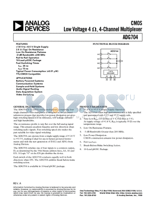 ADG704 datasheet - CMOS Low Voltage 4 ohm, 4-Channel Multiplexer