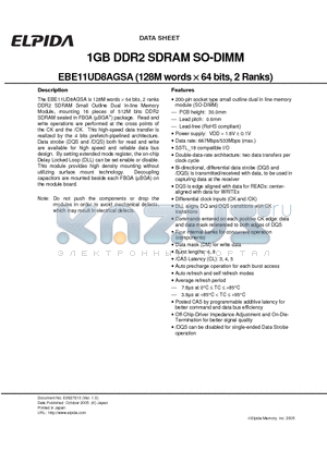 EBE11UD8AGSA datasheet - 1GB DDR2 SDRAM SO-DIMM (128M words x 64 bits, 2 Ranks)