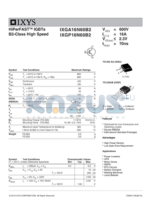 IXGA16N60B2 datasheet - HiPerFAST IGBTs B2-Class High Speed