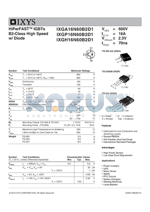 IXGA16N60B2D1 datasheet - HiPerFAST IGBTs B2-Class High Speed w/ Diode
