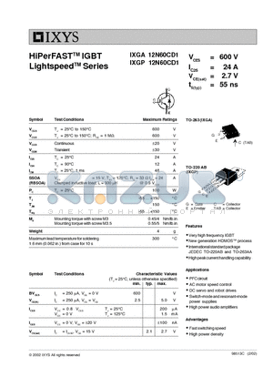 IXGA12N60CD1 datasheet - HiPerFAST IGBT Lightspeed Series