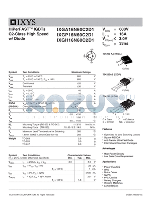 IXGA16N60C2D1 datasheet - HiPerFAST IGBTs C2-Class High Speed w/ Diode