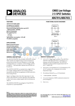 ADG701LBRTZ-REEL datasheet - CMOS Low Voltage 2 OHM SPST Switches