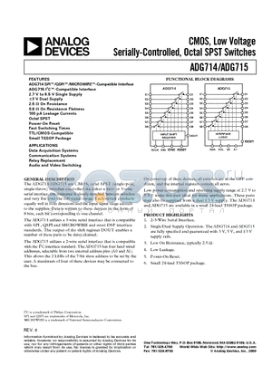 ADG714BRU datasheet - CMOS, Low Voltage Serially-Controlled, Octal SPST Switches