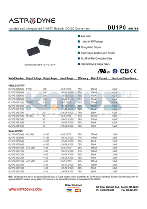 DU1P0-05S12 datasheet - Isolated and Unregulated 1 WATT Modular DC/DC Converters