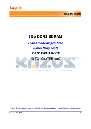 H5TQ1G43TFR datasheet - 1Gb DDR3 SDRAM