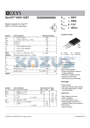 IXGB200N60B3 datasheet - GenX3 600V IGBT