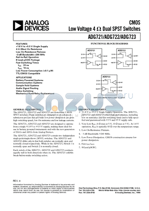 ADG723 datasheet - CMOS Low Voltage 4 ohm Dual SPST Switches