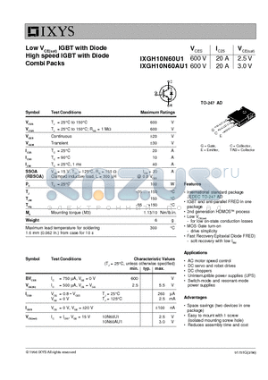 IXGH10N60AU1 datasheet - Low VCE(sat) IGBT with Diode,  High speed IGBT with Diode Combi Packs